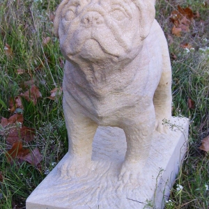 Skulptur eines Mopses aus Sandstein im Gras